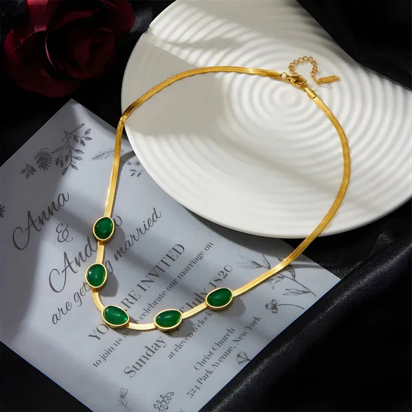 Oval Green Crystal Pendant Necklace Set With Bracelet